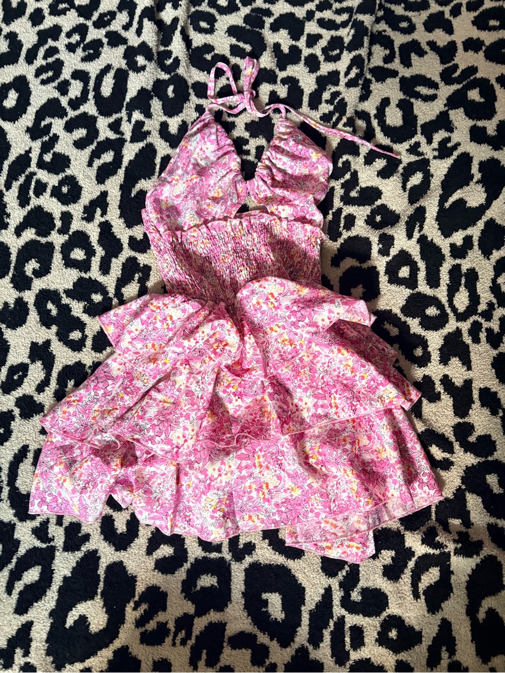 Girls' Pink Floral Halter Tiered Dress
